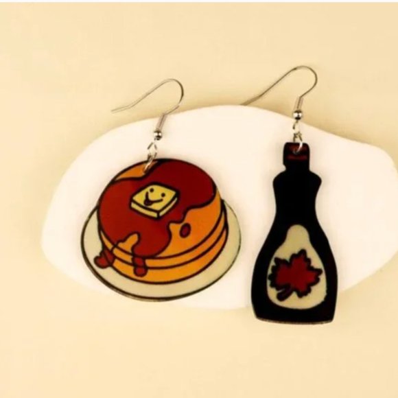 ⭐️❤️FREE Bread Maple Syrup Pancakes Snack Hipster Hippie Graphic Drop Earrings - Picture 7 of 9